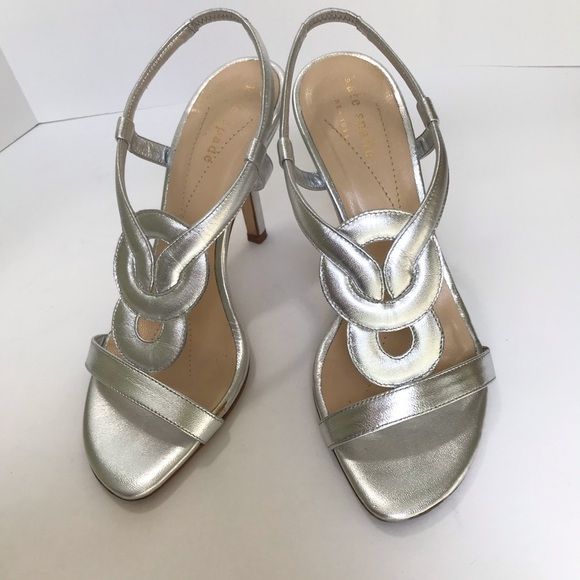 kate spade Shoes - Kate Spade Heeled Leather Sandals Silver Metallic T Strap Slingback Size…